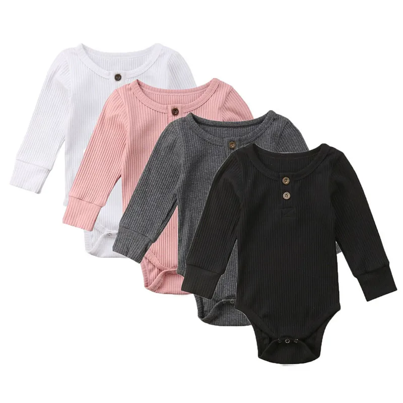 

0-24M Newborn Baby Girl Boy Romper Button Jumpsuit One-Piece Romper Outfits Sweater Toddler Kids Clothes Casual Solid Outfits