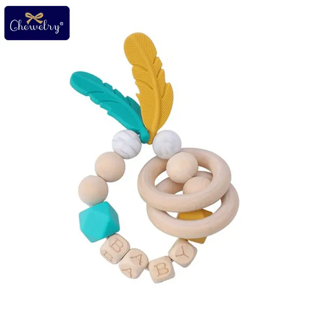 19CP0102 1 шт. детские игрушки Силиконовый браслет с перьями бука деревянные Прорезыватели для зубов DIY Детские Настраиваемые имя деревянные погремушки Прорезыватели грызунов - Цвет: 19CP0102