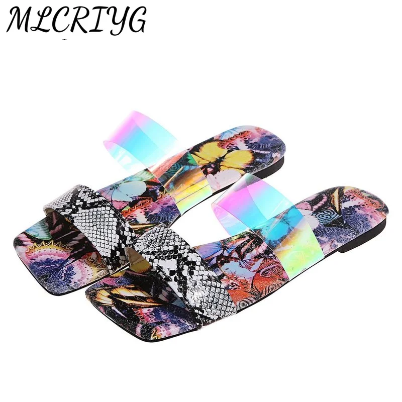 

New Women Flat Slippers 2021 Summer Open Toe Casual Women Sandals Fashion Comfortable Leopard Square Head Outdoor Beach Sandals