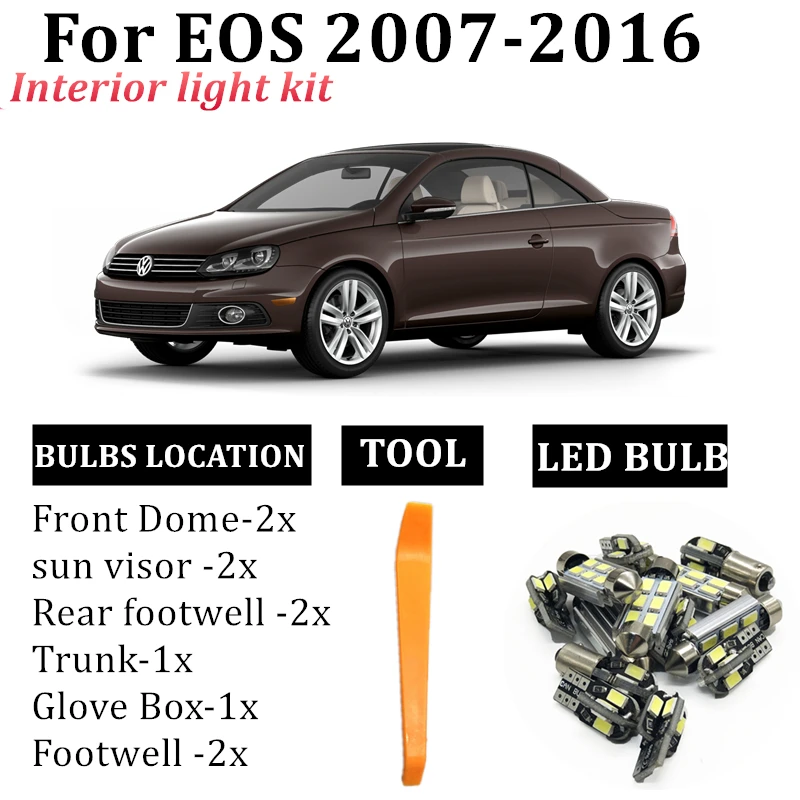 

10x Canbus Error Free auto LED bulb interior dome light Kit for VW EOS 2007-2016 accessories led reading trunk golve box light