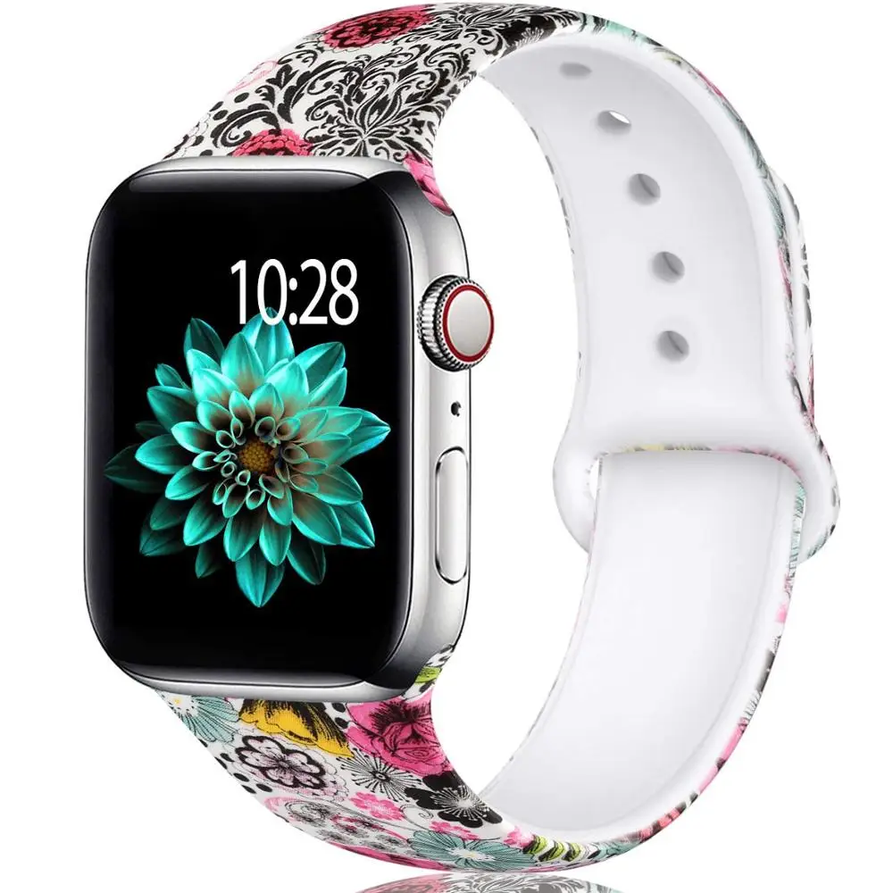Classic Flower Ленты с цветами для Apple Watch 38 мм 40 мм 42 мм 44 мм, леопардовые силиконовые Печатные Сменные браслеты для iWatch серии 5 4 3 2 - Цвет ремешка: Classic Flower
