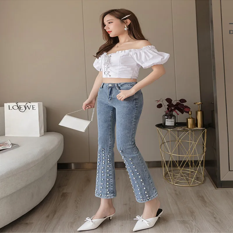 2019 женские джинсы с высокой талией весенние тонкие бисером и бриллиантами |