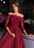burgundy sheer necktulle half sleeves evening dresses 2021 lace applique beaded sweep train formal gown vestidos de fiesta