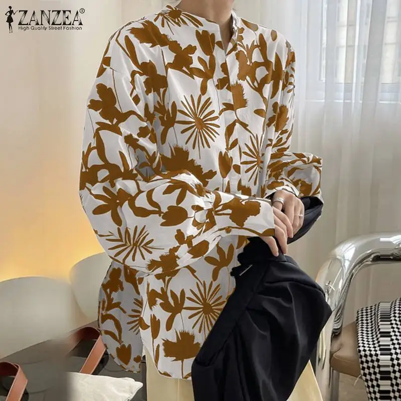 

ZANZEA Floral Printed Shirt Oversized Long Sleeve Blouse Women Loose V Neck Button Chemise Autumn Vocation Beach High Low Tops