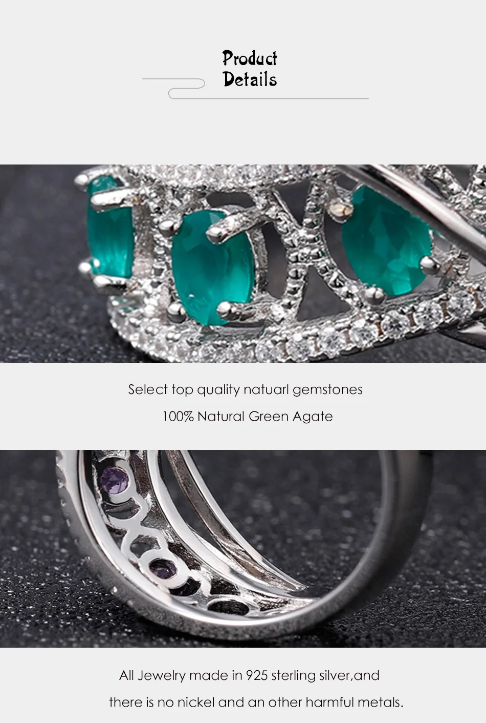 GEM'S балетное 925 пробы, серебряное кольцо с разрезом, кольцо на палец, натуральный зеленый агат, натуральный камень, кольца для женщин, хорошее ювелирное изделие