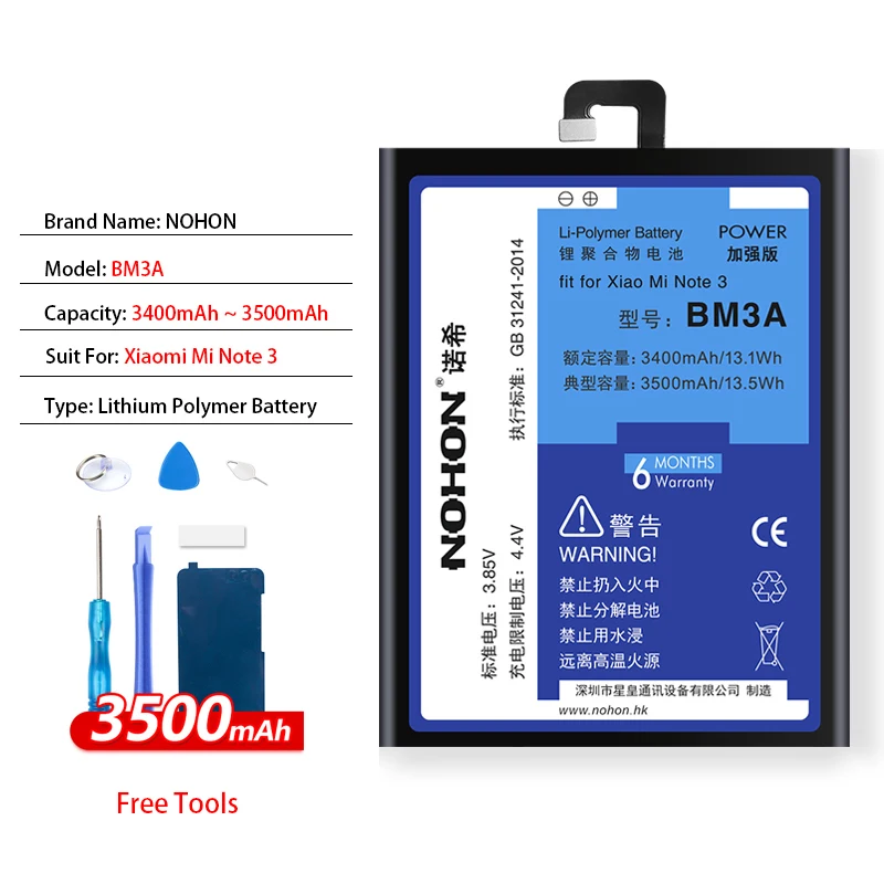 NOHON BM21 BM34 BM48 BM3A Батарея для Xiaomi Mi Note Pro 2 3 Note2 Note3 телефон Замена Bateria реального Ёмкость 3500 мА/ч, 4070 мА/ч - Цвет: BM3A For Mi Note3