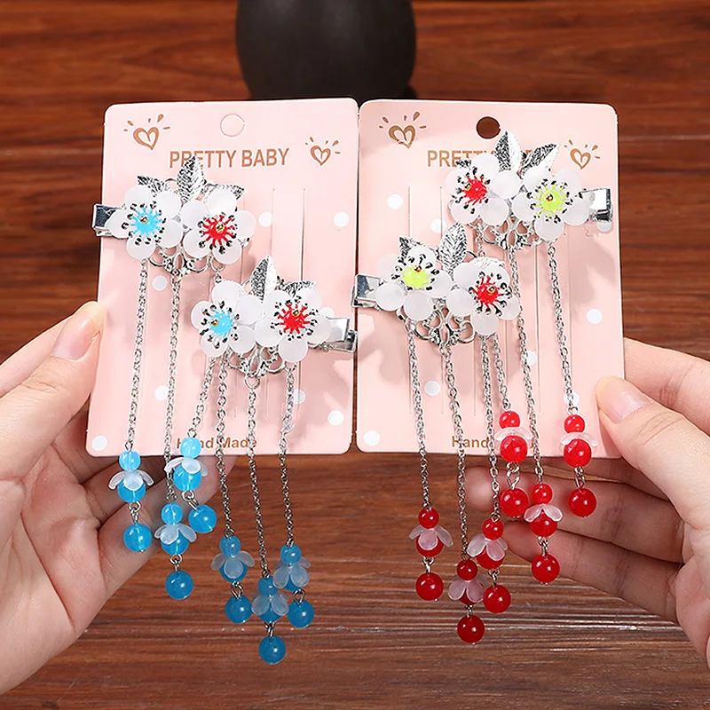 

Bows for Girl Hair Clips Pearl Flower Children Antique Ethnic Style Lengthened Streamer Hair Accessories for Women Kids Fashion