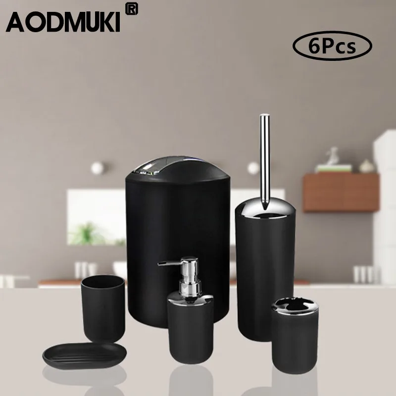 6pcs bathroom accessories set toothbrush holder cup soap dispenser dish toilet brush trash can plastic tumbler cup washroom tool free global shipping