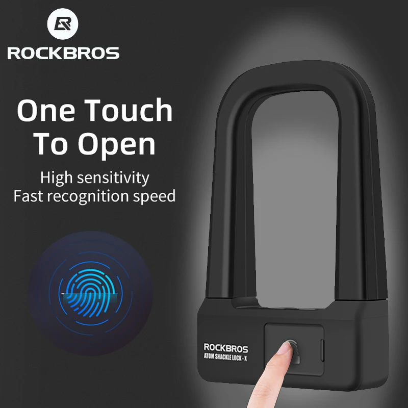 ROCKBROS Bike Lock Anti-theft USB Rechargeable Key Emergency ANSI LSO/IEC19794-2 Fingerprint U Moto Door Lock Bike Accessories