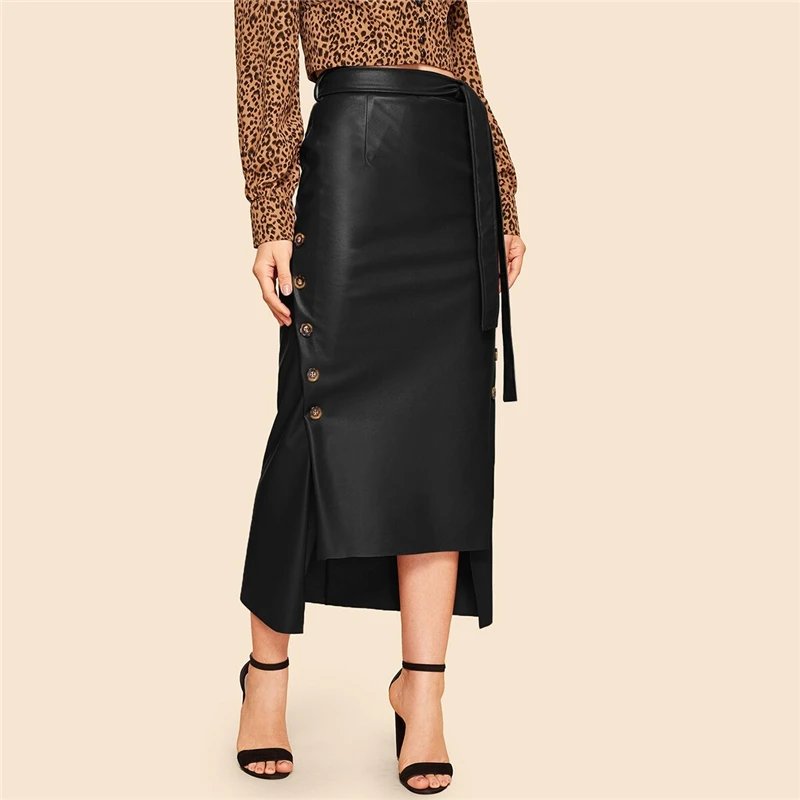 SHEIN Двубортная Асимметричная PU Юбка В Стиле 60-Х Годов С Поясом Женская Осенняя Коричневая Гламурная Юбка С Пуговицами