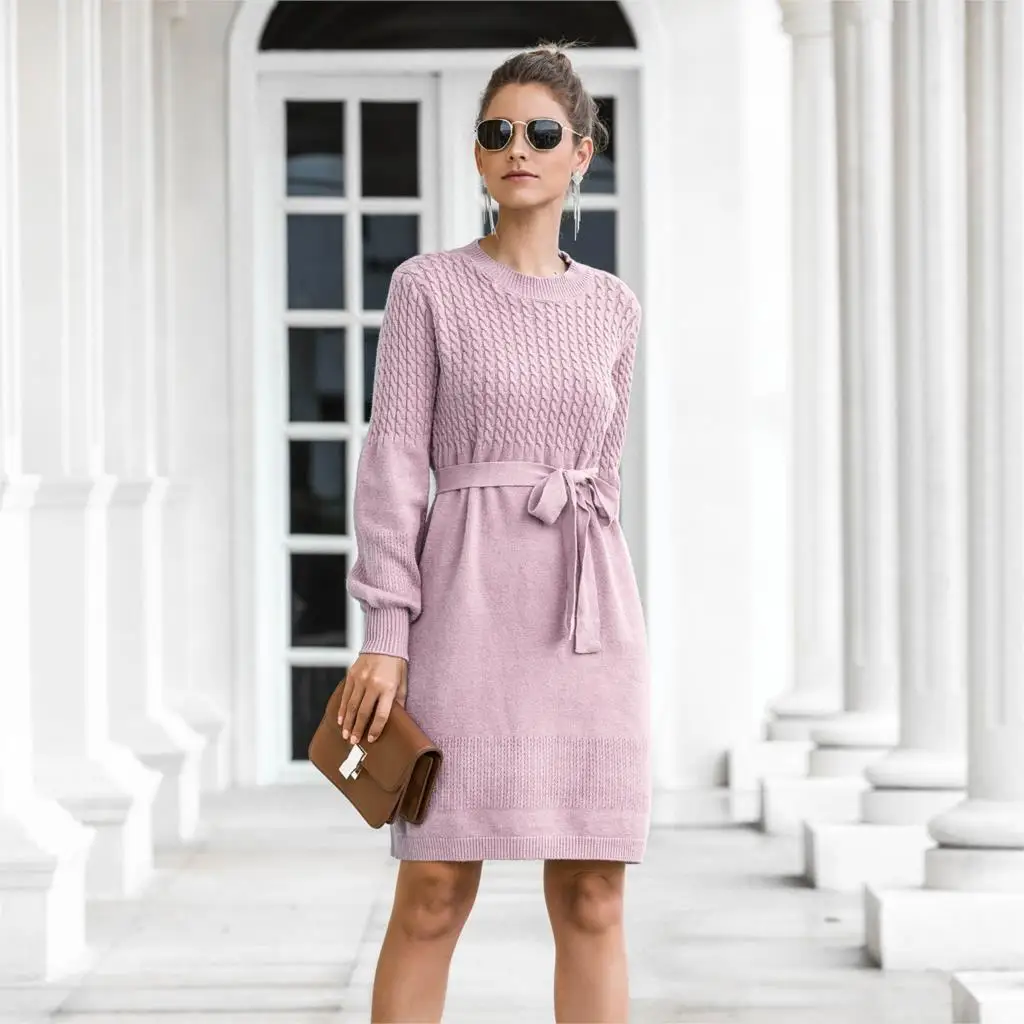Twist knitted sweater dress women autumn winter 2020 casual office blue lantern sleeve vintage black pink warm | Женская одежда