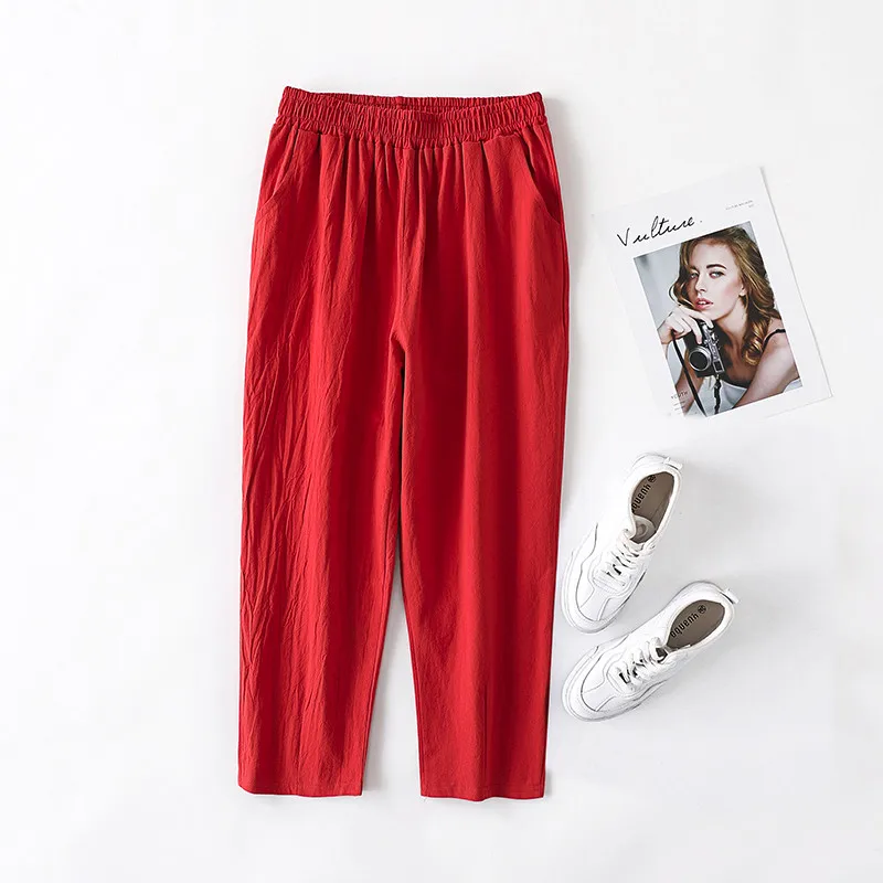 

Cotton Linen Pants Women Spring Summer Large Size Solid Color Harem Pants Elastic Waist Loose Casual Woman's Linen Trousers