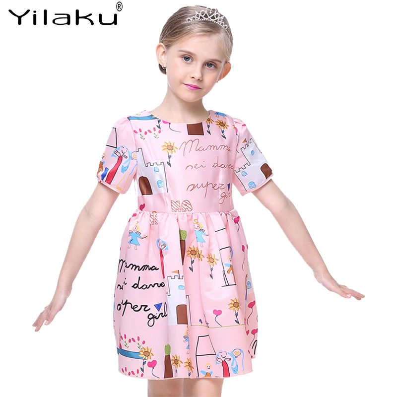 Летняя одежда для девочек Yilaku платья с коротким рукавом мультяшное платье