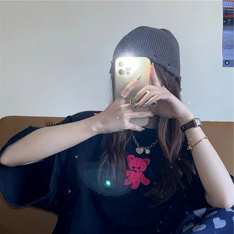 

INS Super Popular Bear Printed Short Sleeve T-shirt Women's Fashionable 2021 Spring and Summer Korean Style Boyfriend Harajuku