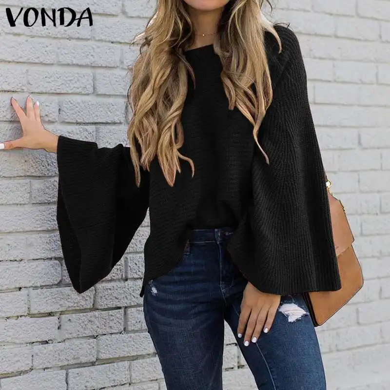 VONDA Плюс Размер Женская богемная блузка блуза с широкими рукавами осенние свободные трикотажные топы пуловер рубашки вечерние Blusas 5XL туника