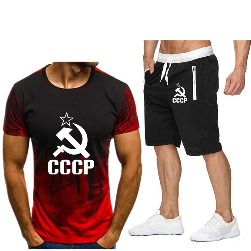 Комплект из футболки и шортов для мужчин модный костюм СССР двух предметов лето