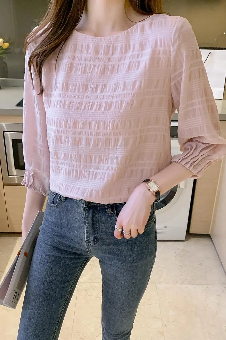 

COIGARSAM Fashion blouse women New Summer Spring Brief Three Quarter Sleeve Chiffon blusas womens tops and blouses White 8251