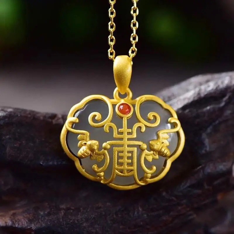 

Natural Hetian Smoke Purple Ruyi Inlaid 925 Sterling Silver Ancient Style Thick Gold Pendant Fu Lu Shou Picture Color Retention