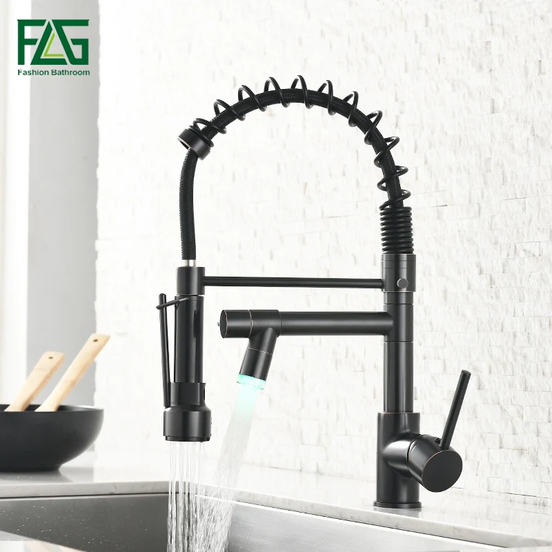 Светодиодный кухонный смеситель FLG пружинный Выдвижной латунный кран черного