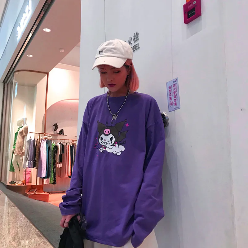 Корейская футболка с круглым вырезом и длинным рукавом, женские Топы Harajuku, уличная одежда, фиолетовая футболка с принтом дьявола, повседневные свободные осенние женские футболки, топы