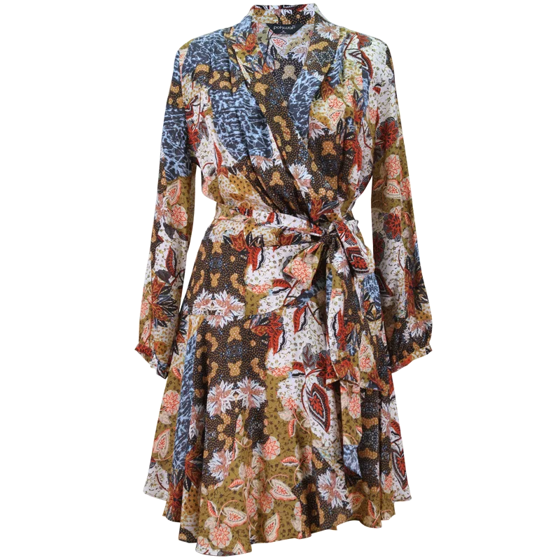 POKWAI женское платье до колена с принтом шелковое длинным рукавом v-образным