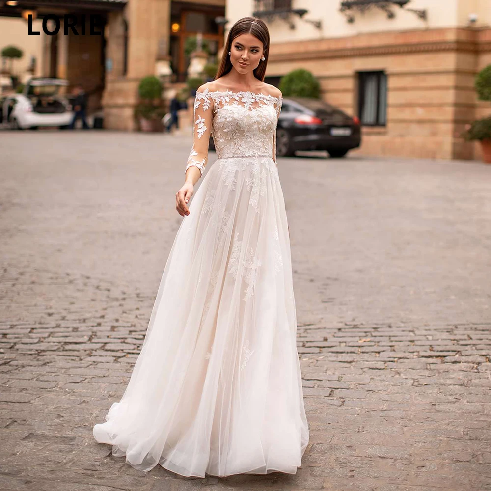 

LORIE A-Line Wedding Dress With Long Sleeves And Lace Decor Tulle Beach Bride Gowns Boho Princess Wedding Party Dress Vintage