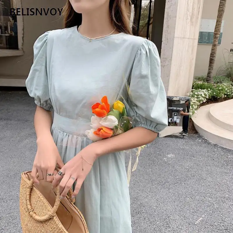 

2021 New Wome Summer Cotton Elegant Solid Dress Kreaon Chic High Waist Maxi Dress Puff Sleeve Backless Lace-up Sundress