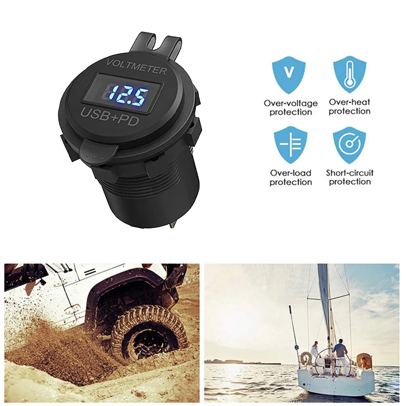 Car USB Charger QC3.0 PD Type C with Switch Socket for 12V/24V Vehicles Boat Motorcycle SUV Bus Truck Caravan Marine | Автомобили и