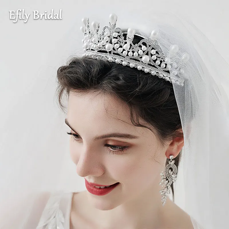 

Efily Pearl Wedding Crown Silver Color Rhinestone Bridal Hair Accessories for Women Tiaras and Crowns Bride Headpiece Bridesmaid