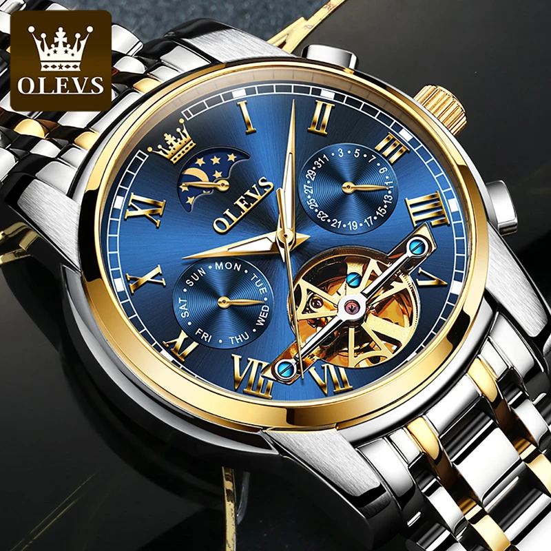 OLEVS men's classic mechanical watch business waterproof stainless steel hollow strap multi-function automatic mechanical watch