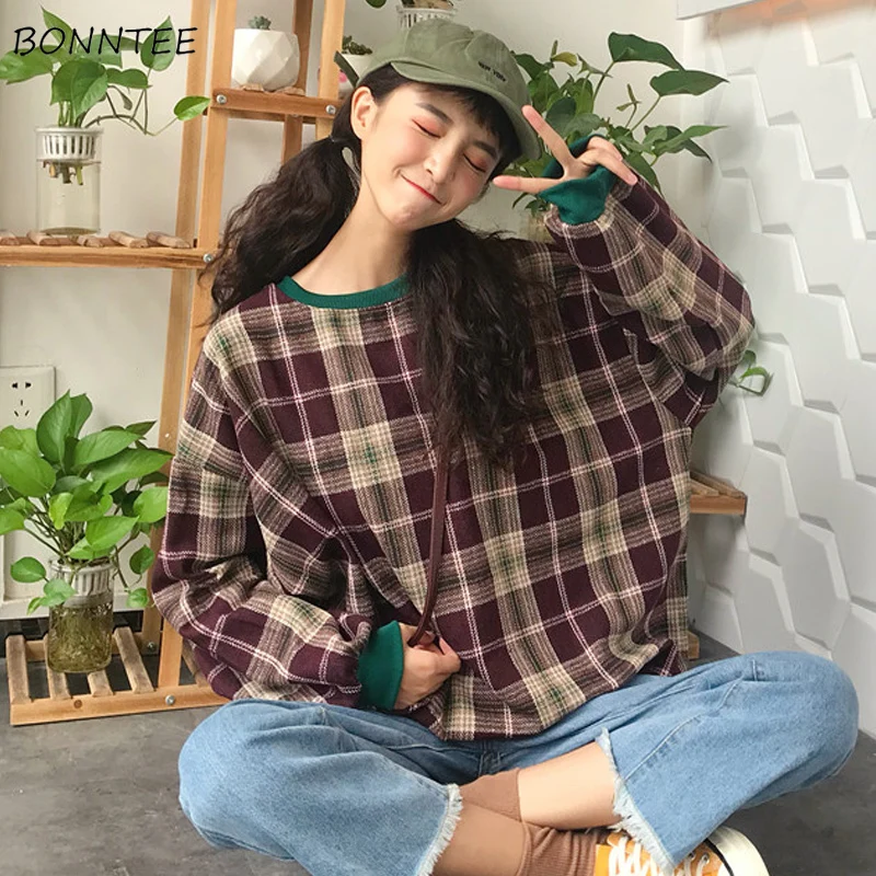 Толстовки женские Ulzzang новая весенняя Осенняя тонкая свободная клетчатая модная простая Женская одежда с длинным рукавом шикарная толстовка с капюшоном