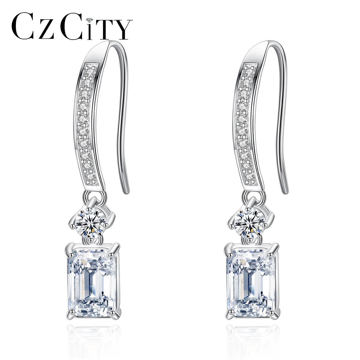 

CZCITY Square CZ 925 Sterling Silver Hoop Earrings for Women Fine Jewelry Wedding Engagement Ear Hooks Bijoux Femme Brincos Gift