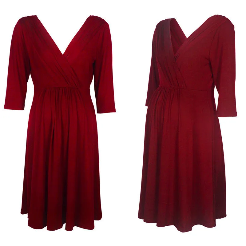 

Women Pregnant Dresses Maternity V-neck Three Quarter Sleeve Pleated Beautiful Clothes Pregnancy Party Evening Dress