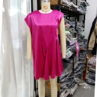 2021 women fashion casual rose red satin mini dress o neck sleeveless loose asymmetry pleated short dresses