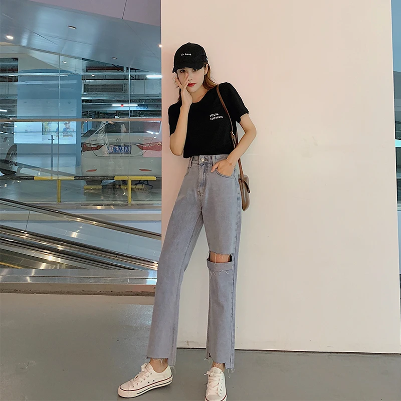 

Raw Hem Ripped High Waisted Straight Leg Jeans for Women