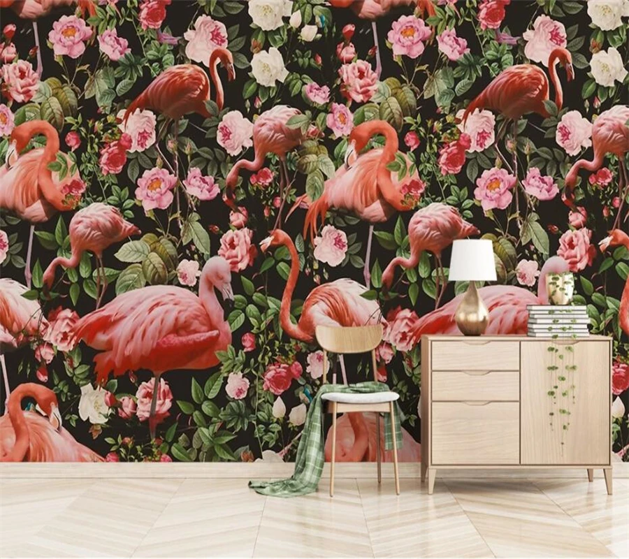 Пользовательские обои 3D бумажные средневековые ручные рисования фламинго розы