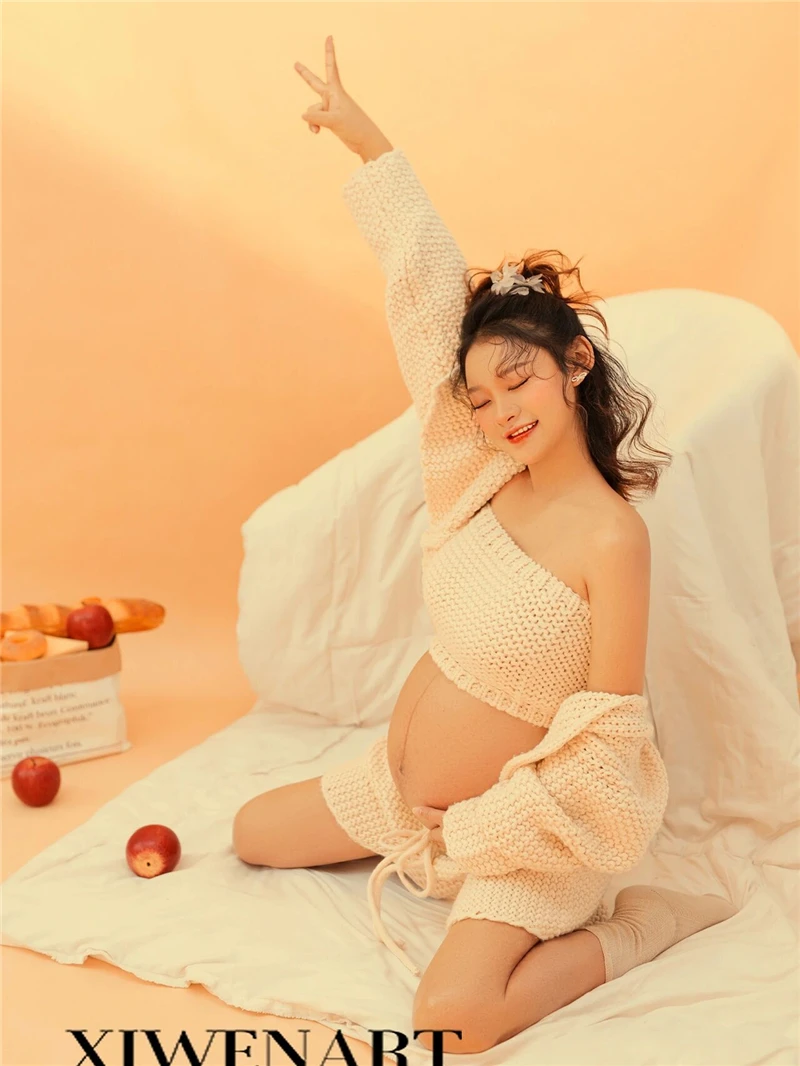 Dvotinst Women Photography Props White Knitting Pregant Tanks Cardigans Shorts Socks Pregnancy Clothes Studio Shoots Photo Props enlarge