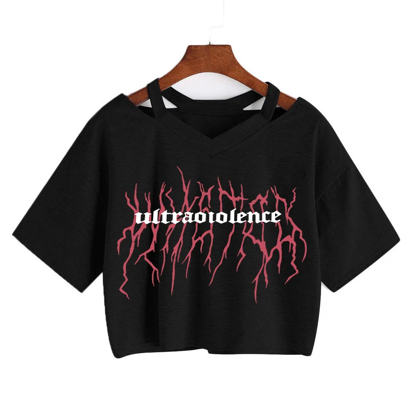 

Punk Gothic T-shirts Loose Streetwear Harajuku Letter Print Crop tops Summer Female Short Sleeve Casual Vintage V-neck sexy tee