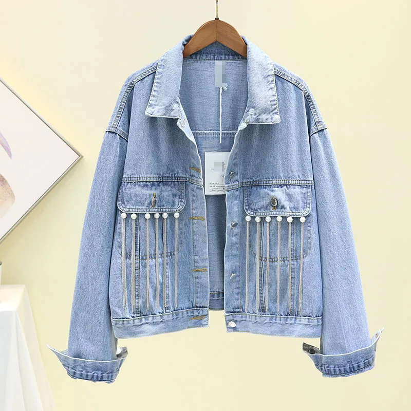 Женское джинсовое пальто свободное короткое в ковбойском стиле с бусинами и