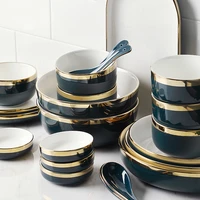 ecrockery dark blue ceramic dinner plates dishes porcelain tableware set with gold rim cake food plate salad soup bowl household