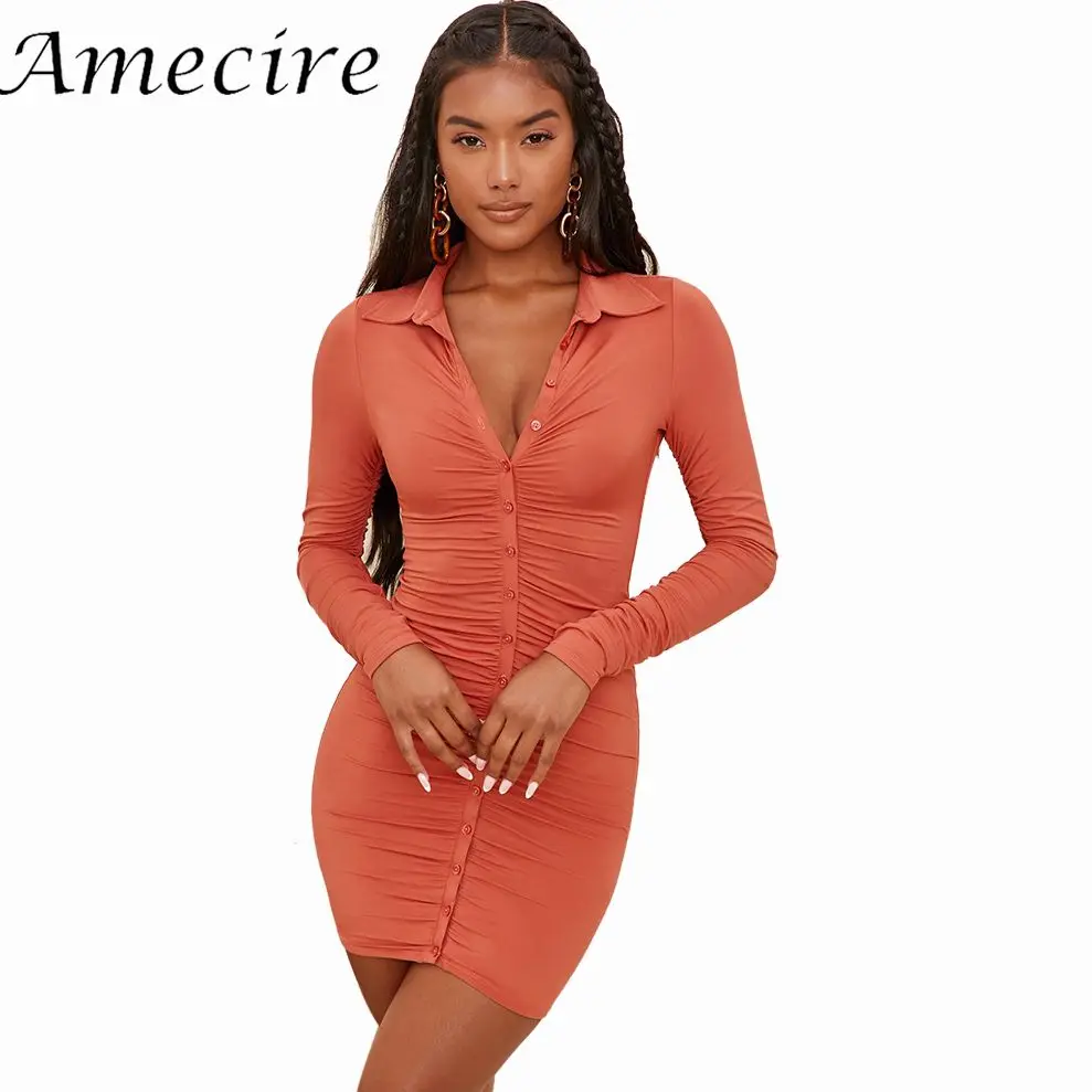 

Женское мини-платье с V-образным вырезом, длинным рукавом