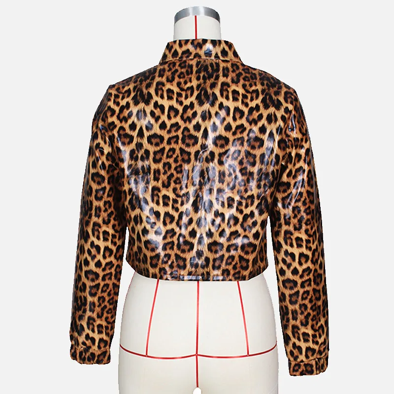 

Women Leopard Print PU Cropped Jackets Female Turn-down Collar Long Sleeve Sexy Short Jacket Autumn Fashion Ladies Outerwear