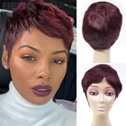 Парик Pixie Cut, Цветные Короткие парики из человеческих волос для женщин, 99J, Прямой полный машинный парик, бордовые бразильские волосы, парики 150%, волосы Remy