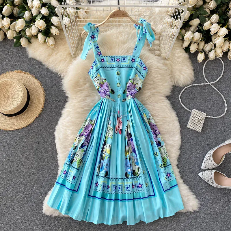 

Amolapha Women Sleeveless Vintage Lace Up Printed Strap Design Beach Vacation Dress Female Summer Clothing