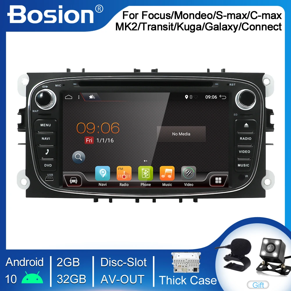 Bosion 2 Din Android 10 Автомобильный DVD-плеер с мультимедиа-системой и GPS для FORD Focus II Mondeo S-MAX C-MAX Galaxy 2Din 2G 32GB Тачскрин.