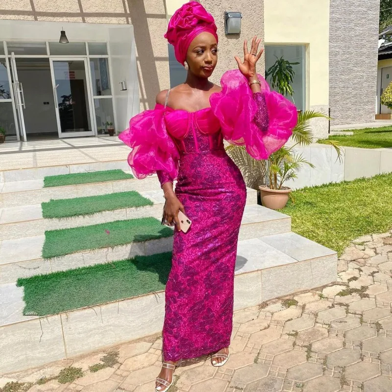 

Aso Ebi Fuchsia Mermaid Prom Dresses Off The Shoulder Ruffles Long Sleeves Evening Lace African Brial Giwls Party Gowns