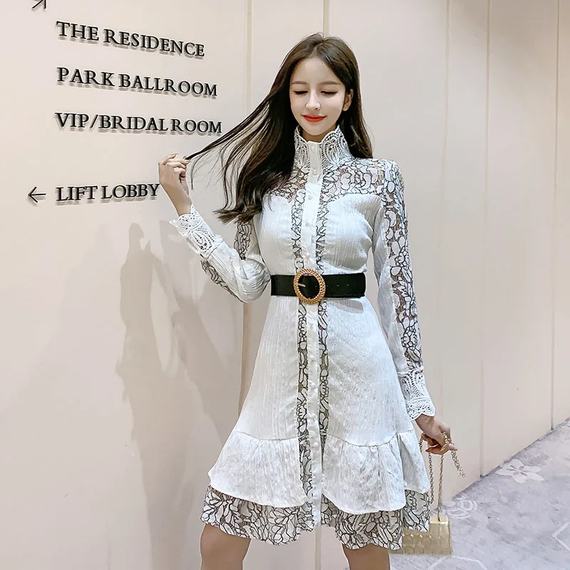 Весеннее новое французское элегантное кружевное открытое шифоновое платье