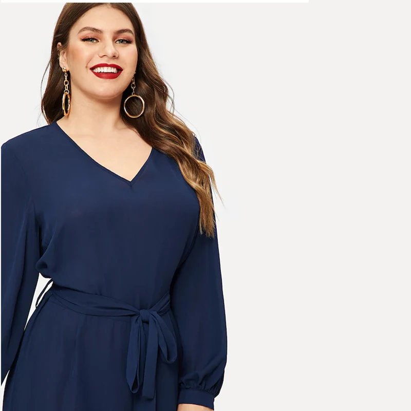 

HStar Women Autumn solid long sleeve jumpsuit office lady elegant high waist playsuit female V-Nect plus size romper