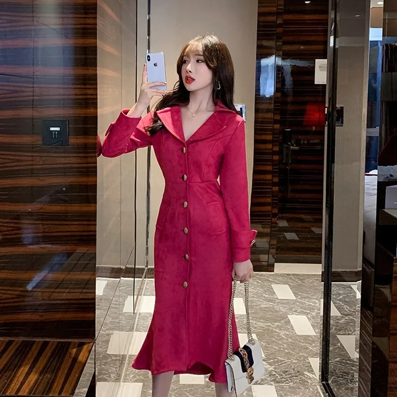 

Women Autumn Winter New Fashion Elegant Warm Dress Deerskin Velvet Waist Slimming Suit Collar Fishtail Dress Female Slim Clothes