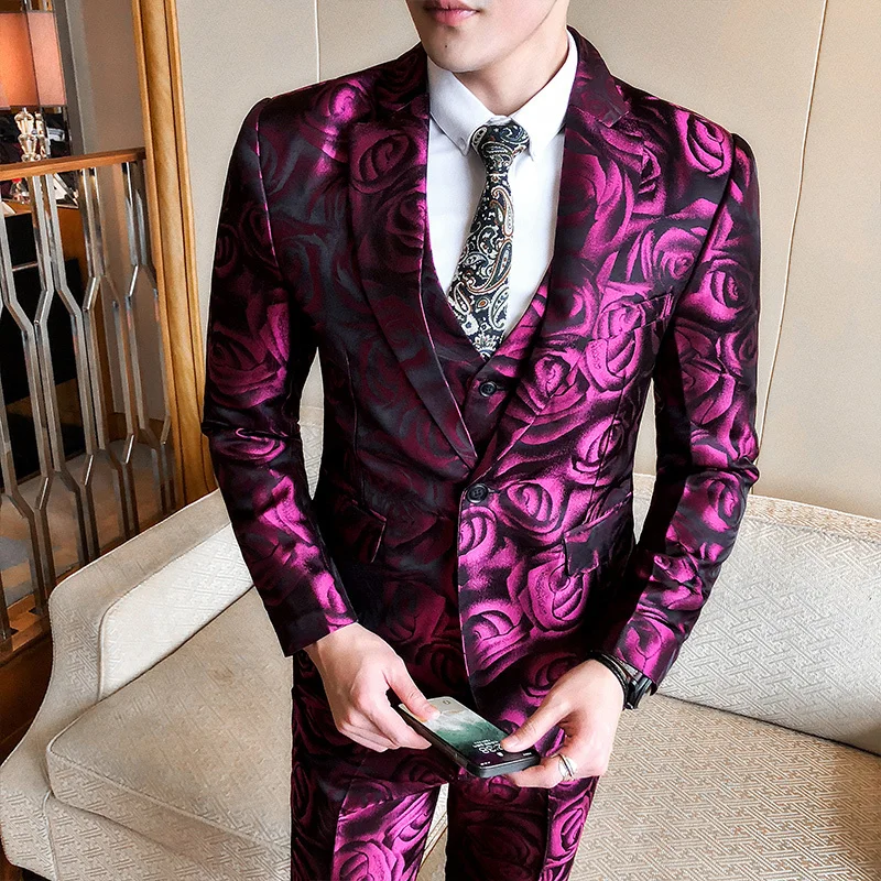 

(Jacket +vest+pant ) Rose Pink Smoking Uomo Grooms Suit Men Business Tuxedos Slim Fit Club Party Prom Suit Abito Uomo Cerimonia